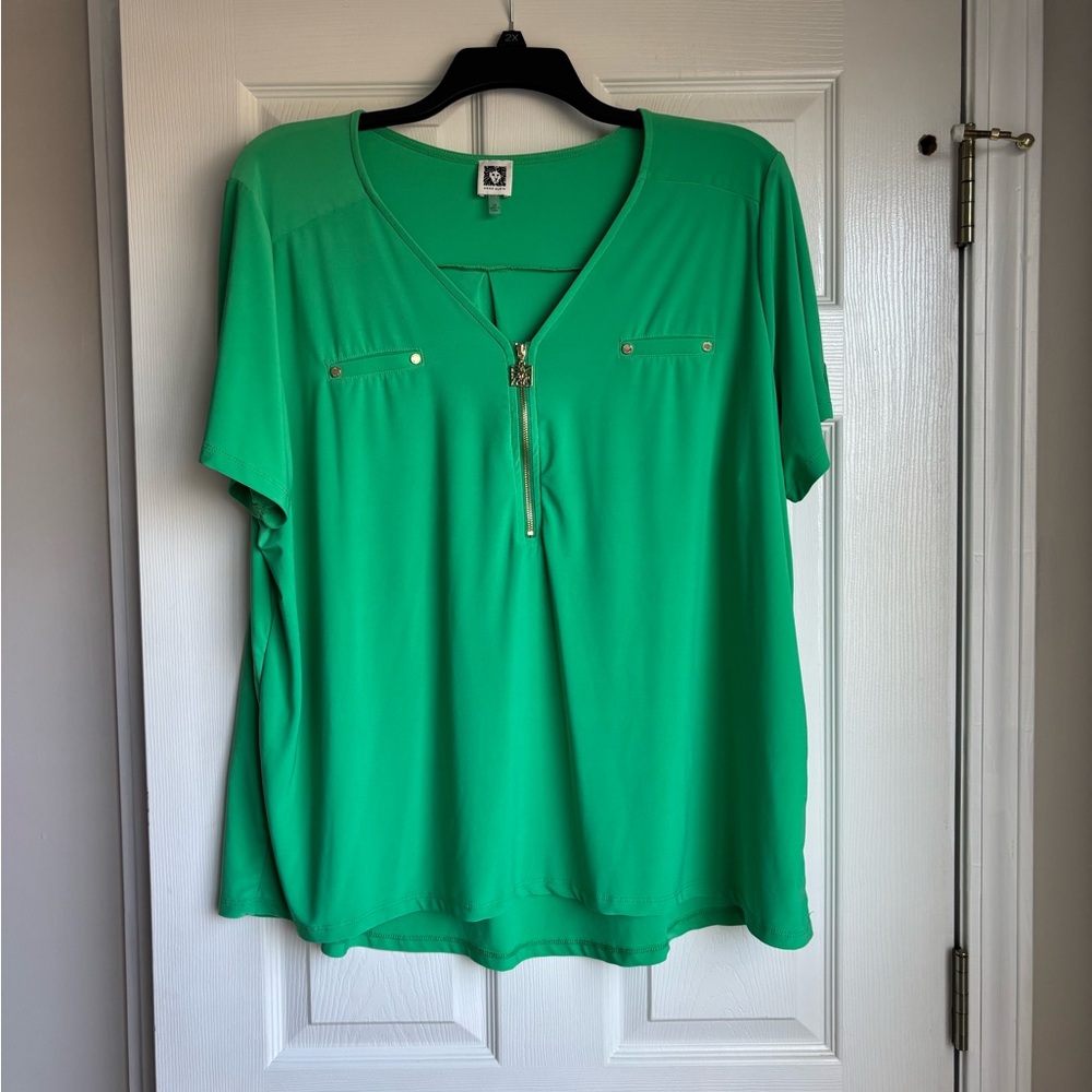 Anne Klein Vibrant Green Blouse with Zipper Detail